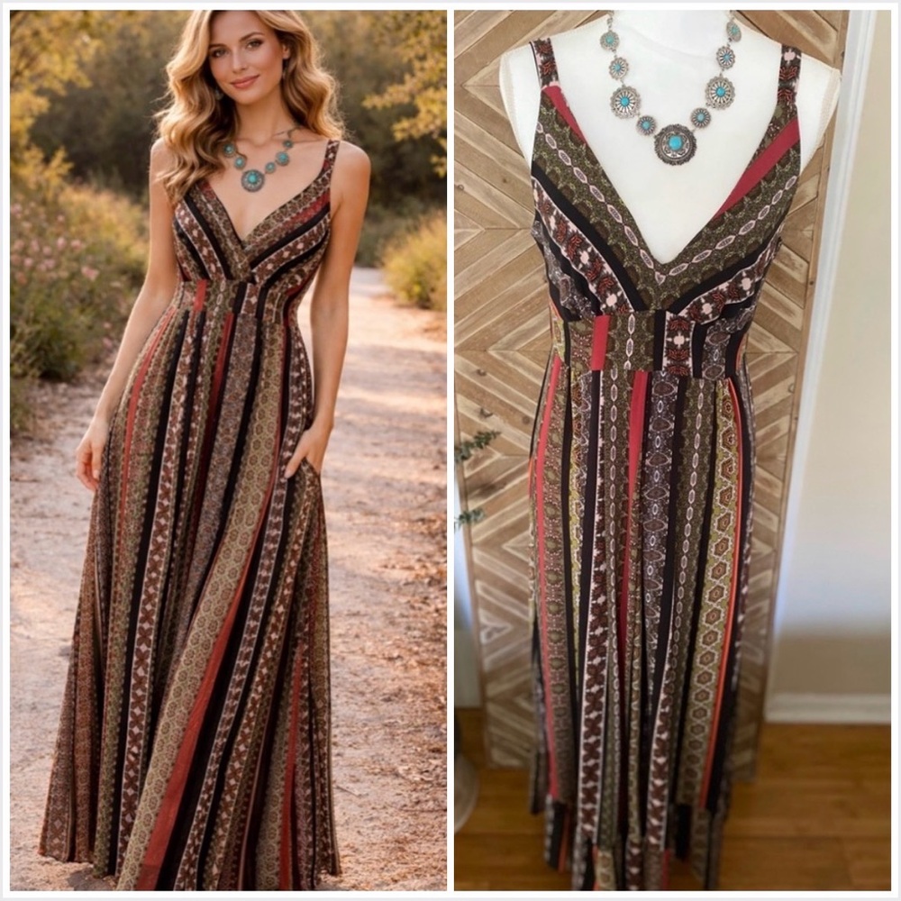 TAHARI BOHO CHIC MAXI DRESS DEEP ROUNDED V-NECK